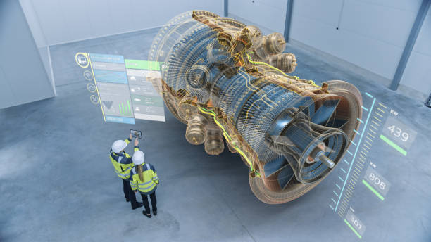 przemysł 4.0 dwóch inżynierów stojących i rozmawiających w warsztatach fabrycznych z koncepcją modelu 3d augmented reality giant turbine engine. wizualizacja grafiki. strzał pod wysokim kątem. specjalne efekty wizualne vfx - construction engine equipment factory zdjęcia i obrazy z banku zdjęć