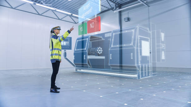 istock Industry 4.0 Modern Factory: Female Engineer Wearing Augmented Reality Headset Uses Mixed Reality and Gestures to Choose, Design 3D Models CNC Machinery Production Line. VFX Special Visual Effects 1276633154