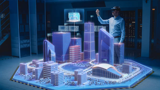istock Industry 4.0: Modern Professional Architect Wearing Virtual Reality Headset Uses Gestures to Design, Manipulate Buildings for 3D City. Mixed Augmented Reality Software. VFX Special Visual Effect 1276633160