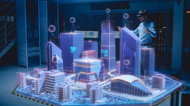istock Industry 4.0: Modern Professional Architect Wearing Virtual Reality Headset Uses Gestures to Move, Design, Manipulate Buildings for 3D City. Mixed Augmented Reality Software. VFX Special Visual Effect 1276633163