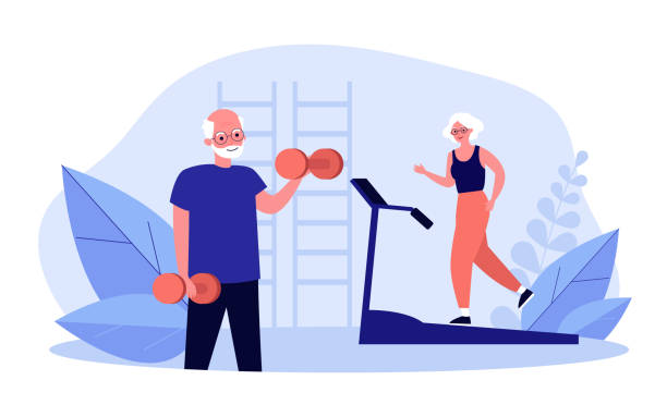 Senior people training in gym Senior people training in gym. Fitness, dumbbell, sport flat vector illustration. Retirement and health lifestyle concept for banner, website design or landing web page active lifestyle stock illustrations