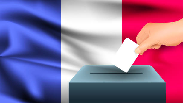 illustrazioni stock, clip art, cartoni animati e icone di tendenza di la mano maschile mette giù un foglio bianco con un segno come simbolo di una scheda elettorale sullo sfondo della bandiera francese. francia simbolo delle elezioni - france election presidential election french culture