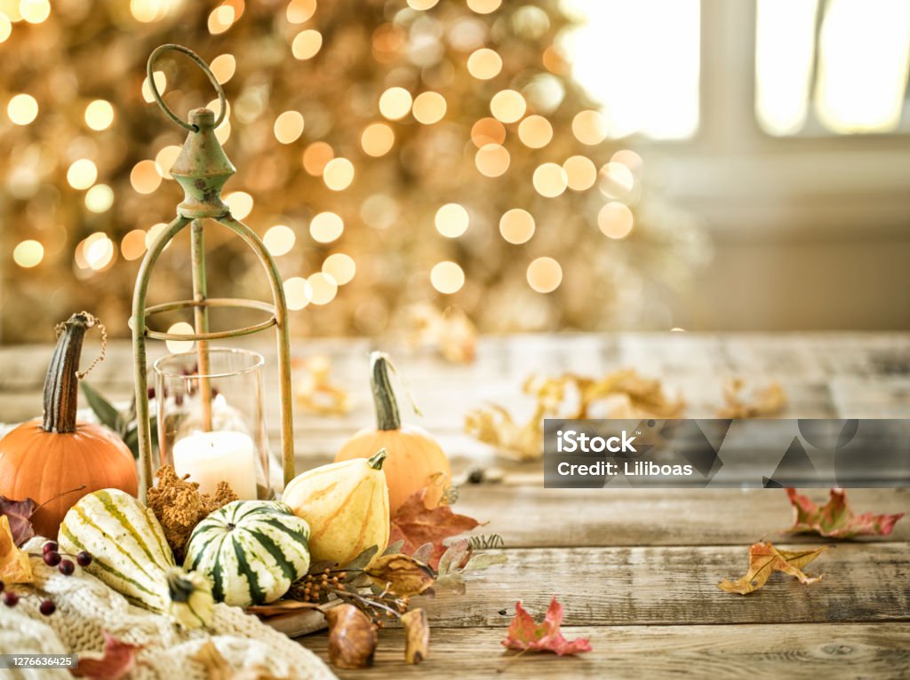 Autumn Lantern with Pumpkins and Gourds Autumn Lantern with Pumpkins and Gourds on a Wood Table in Front of a Golden Christmas Tree. Autumn Stock Photo