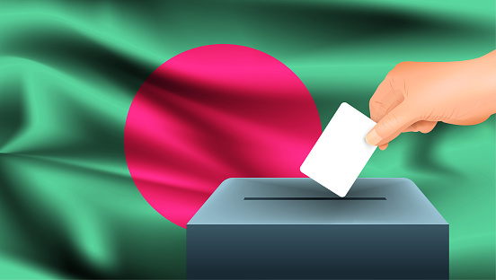 Male hand puts down a white sheet of paper with a mark as a symbol of a ballot paper against the background of the Bangladesh flag. Bangladesh the symbol of elections