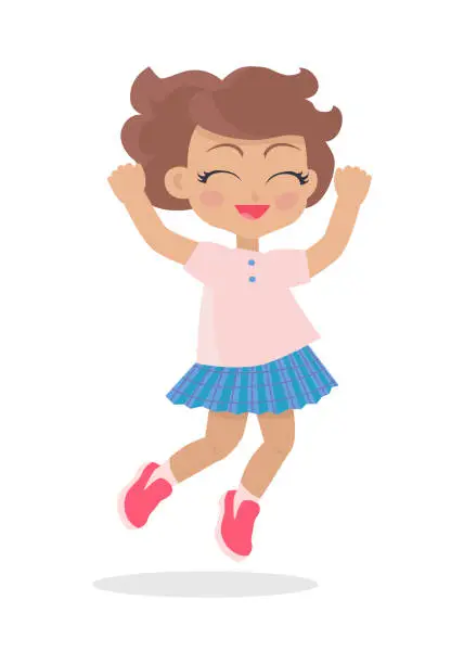 Vector illustration of Girl with Short Wavy Hair Jumping Closing eyes