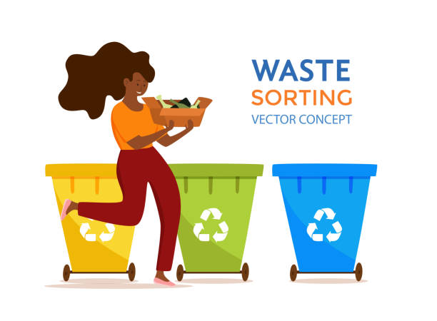 istock Young afro American woman throwing glass garbage into containers vector illustration. 1276639525