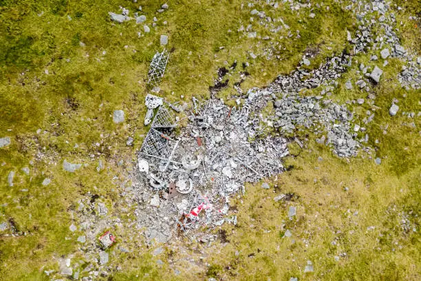 Aerial view of the wreckage of a 2nd world war Wellington bomber on a Welsh hillside