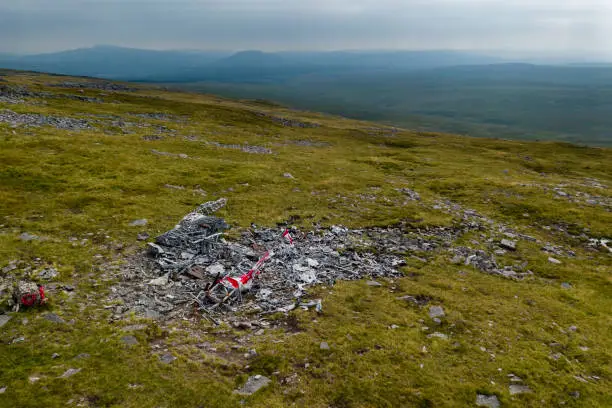 Aerial view of the wreckage of a 2nd world war Wellington bomber on a Welsh hillside