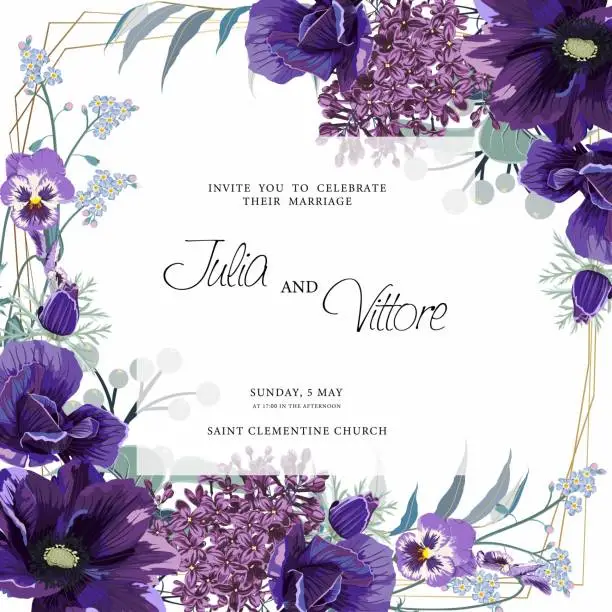 Vector illustration of Floral wedding invitation card template design, violet lilac anemones flowers on white, violet vintage theme.