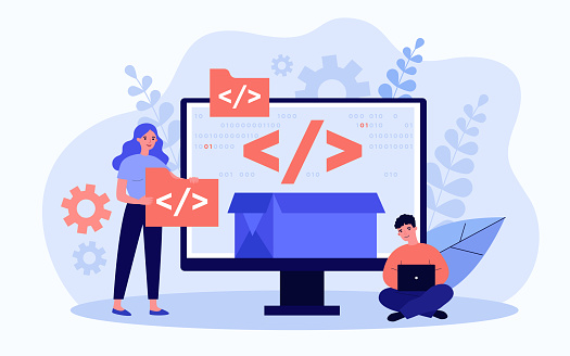 Tiny programmers programming website for internet platform flat vector illustration. Cartoon developers creating open code or script. Software development and digital technology concept