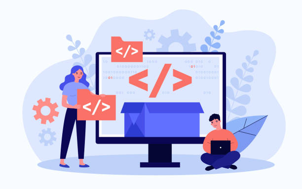 Tiny programmers programming website for internet platform Tiny programmers programming website for internet platform flat vector illustration. Cartoon developers creating open code or script. Software development and digital technology concept receiving stock illustrations