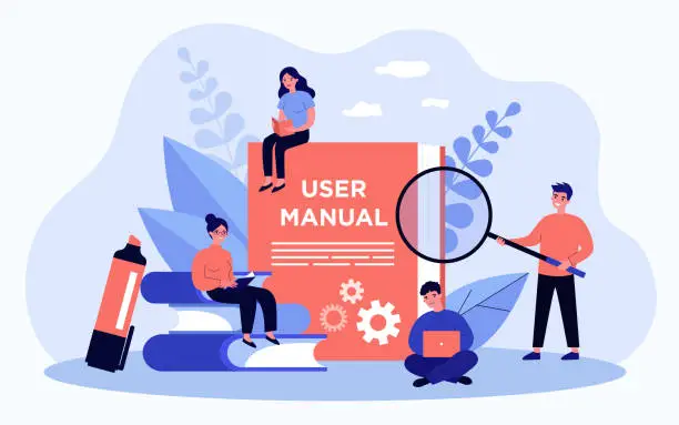 Vector illustration of Tiny people reading user manual