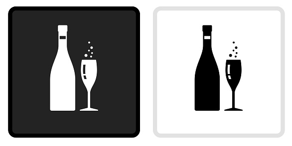 Champagne Bottle & Glass Icon on  Black Button with White Rollover. This vector icon has two  variations. The first one on the left is dark gray with a black border and the second button on the right is white with a light gray border. The buttons are identical in size and will work perfectly as a roll-over combination.. This vector icon has two  variations. The first one on the left is dark gray with a black border and the second button on the right is white with a light gray border. The buttons are identical in size and will work perfectly as a roll-over combination.