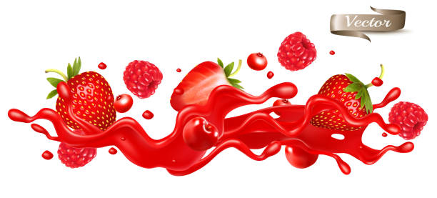 istock Red berry juice splash wave. Whole and sliced strawberry, raspberry, cherry, blueberry and blackberry in a sweet syrup wave with splashes and drops isolated on transparent background. 3D. Vector. 1276645645