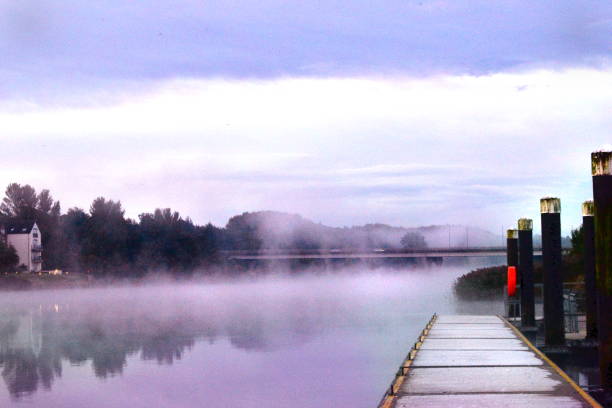 View towards New Bridge from the moorings in Coleraine County Derry Northern Ireland on the first frosty day of autumn