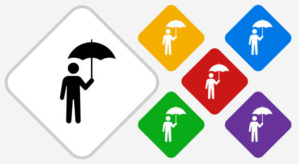 ilustrações de stock, clip art, desenhos animados e ícones de man under umbrella icon - protection umbrella people stick figure