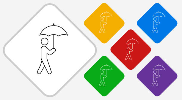 우산 아이콘으로 걷는 남자 - protection umbrella people stick figure stock illustrations