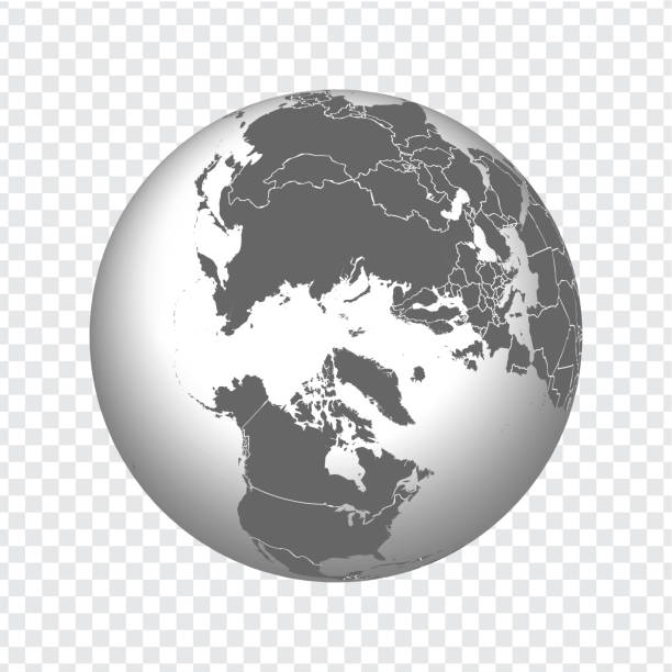 Globe of Earth with borders of all countries. 3d icon Globe in gray on transparent background. High quality world map in gray.  Arctic, Canada, Greenland, Russia, USA. EPS10. Globe of Earth with borders of all countries. 3d icon Globe in gray on transparent background. High quality world map in gray.  Arctic, Canada, Greenland, Russia, USA. EPS10. north pole map stock illustrations