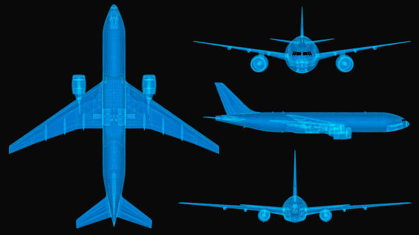 istock Plane 3d wireframe with thin blue lines. Aviation futuristic hologram on black background. 3d illustration 1276648210