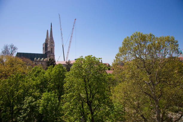 Zagreb Cathedral behind the treetops Zagreb Cathedral behind the treetops zagreb earthquake stock pictures, royalty-free photos & images