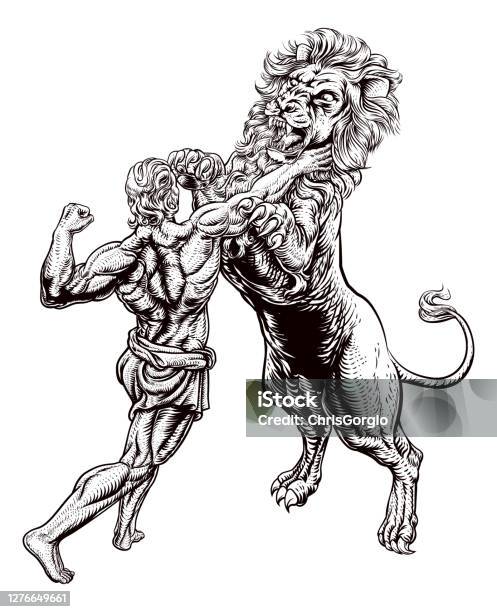 Hercules Fighting The Nemean Lion Stock Illustration - Download Image Now -  Hercules - Mythological Character, Engraved Image, Engraving - iStock