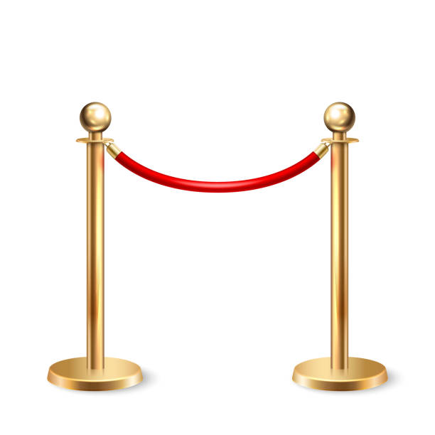 istock Vector 3d Realistic Fence for the Red Carpet Closeup Isolated on White Background. Red Barrier Rope. Golden pole. Front View. Luxury, VIP concept. Equipment for Events 1276655106