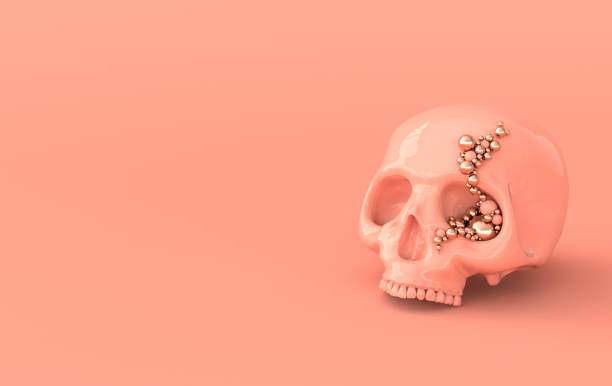 istock Human scull 3d rendering. Pink death's-head on pastel colored background.  Scary halloween dead skeleton head symbol 1276656171