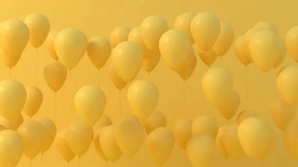 Festive orange yellow background with balloons with shiny white confetti. Happy birthday, valentine, wedding invitation poster