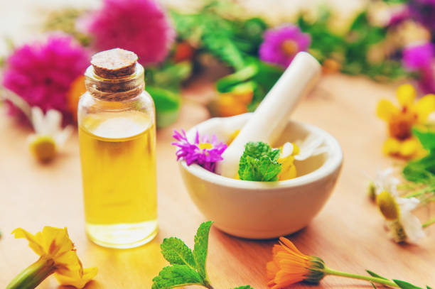 istock Homeopathy in small jars. Herbal extract. Selective focus. 1276662407