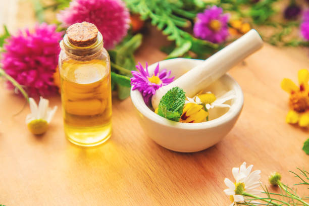 istock Homeopathy in small jars. Herbal extract. Selective focus. 1276662422