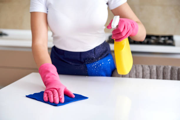 istock Woman cleaning home table sanitizing kitchen table surface with disinfectant spray bottle 1276662704