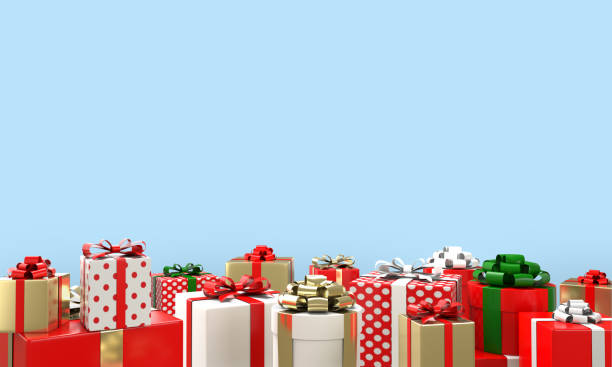 istock 3d render of red, white, gold Gift boxes and dot pattern with Ribbons on the floor in blue background with copy space. Christmas and New Year concept. 1276662719