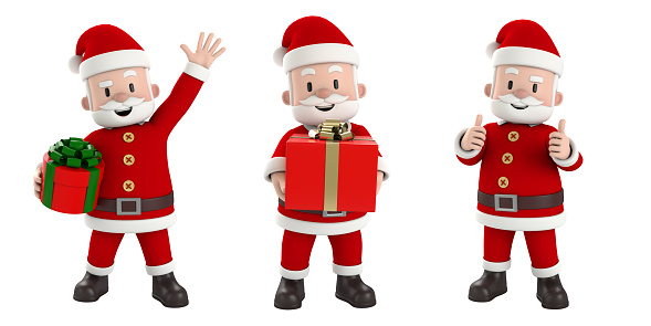 3 actions of santa claus isolated on white.  santa claus smile with a gift box and thumbs up.\n       For Christmas cards, banners. Christmas and New Year concept. 3d render.