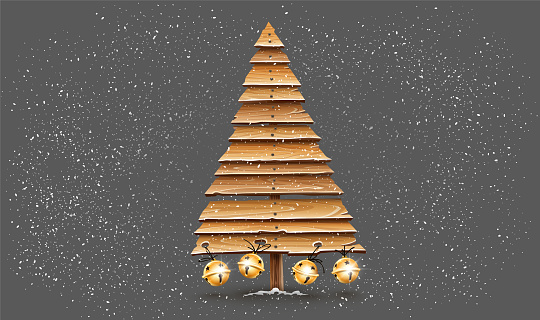 Christmas firtree for holiday made of old wooden board planks decorated with golden jingle bells. Idea design for Vintage retro hand-made decoration. Snowfall of white snow on gray. Illustration.