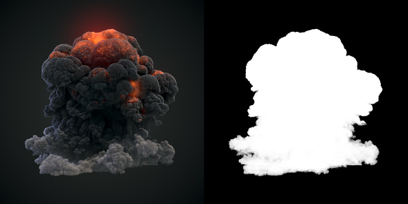 Big puff of dark smoke and ball of fire with alpha channel isolated on dark background. Burning flames igniting, giant real gas explosion. 3d rendering digital illustration