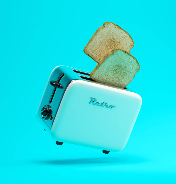 istock Flying toaster on blue background 3 D illustration 1276664003