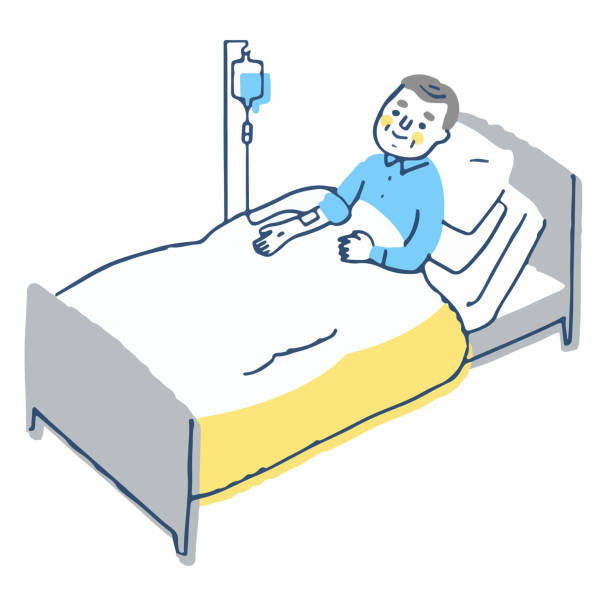 illustrazioni stock, clip art, cartoni animati e icone di tendenza di anziano che riceve flebo iv a letto - flebo salina