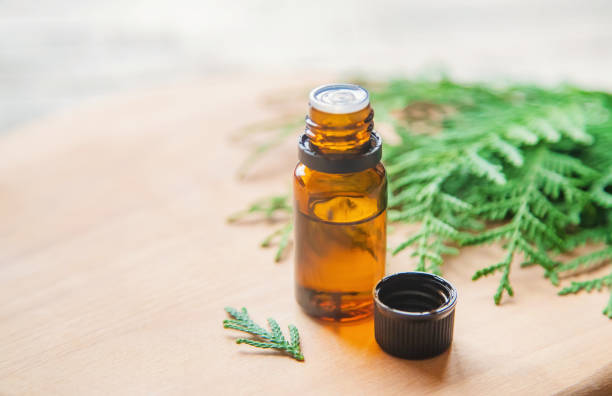 istock Juniper essential oil in a small bottle. Selective focus. 1276667065