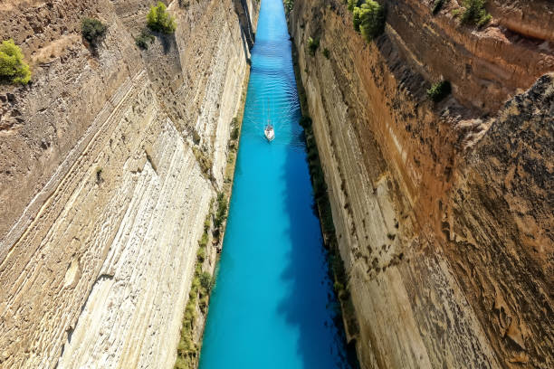 passing the corinth canal with wooden boat