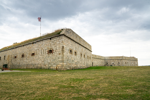 Newport, RI / United States - Sept. 17, 2020: a landscape view of Fort Adams, a large coastal fortification located at the harbor mouth in Newport