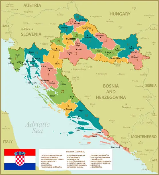 Vector illustration of Croatia Map. Vintage Illustration with Regions and National Flag