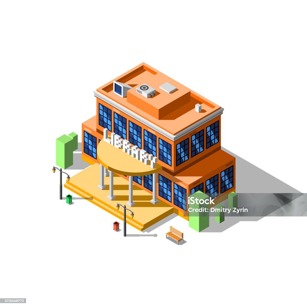 Abstract Isometric 3d Public Library Building Vector Design Style With  Columns Bench And Lamp Post Stock Illustration - Download Image Now - iStock