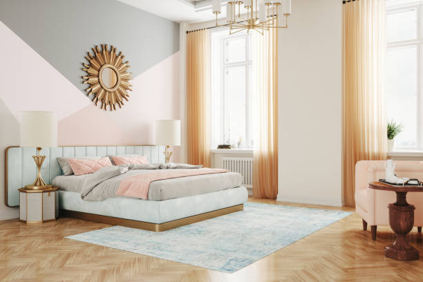 Retro Style Bedroom Interior Interior of a luxury retro style bedroom in pink color. pink bed stock pictures, royalty-free photos & images