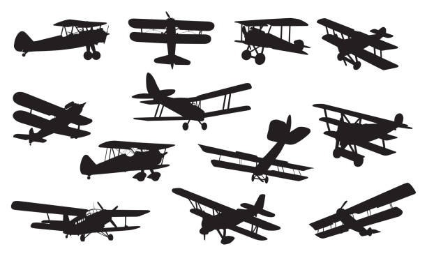 illustrations, cliparts, dessins animés et icônes de silhouettes biplanes - airplane biplane retro revival old fashioned