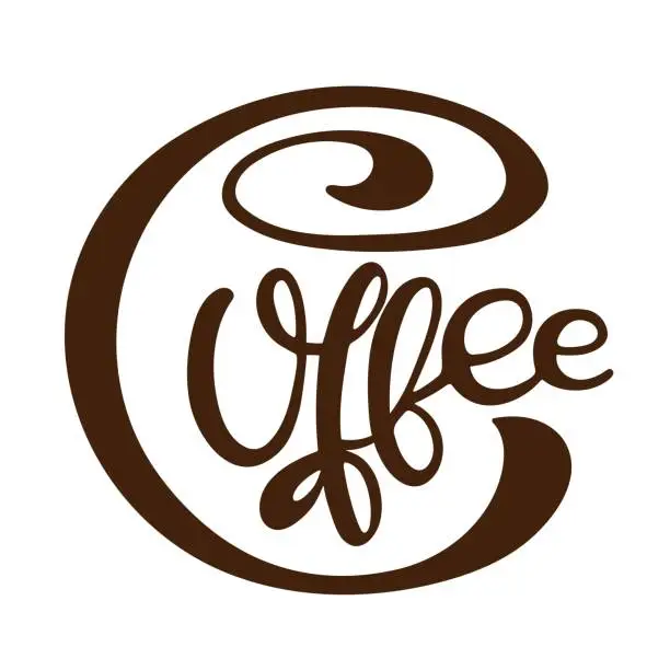 Vector illustration of Coffee text. Vector calligraphy illustration. Hand written design. Text minimalist poster in braun and white. Logo for coffee company. Template of banner or poster for coffee shop or restaurant