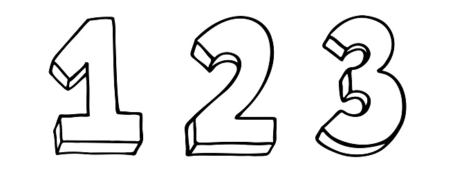 Set of Numbers 1 2 3. Sign number, Concept top winner success. Hand drown vector doodle one two three isolated on white background. Black contour lettering. 1-2-3 badges set.