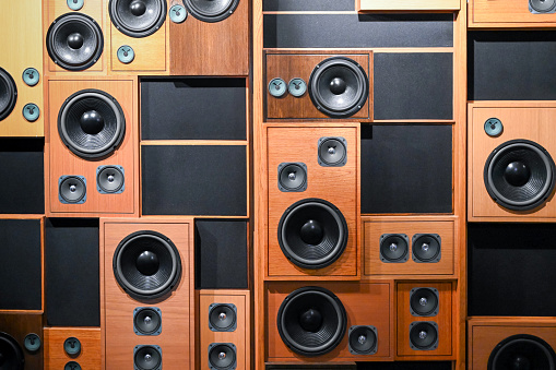 Wall of retro vintage style music sound speakers, full frame, Nikon Z7