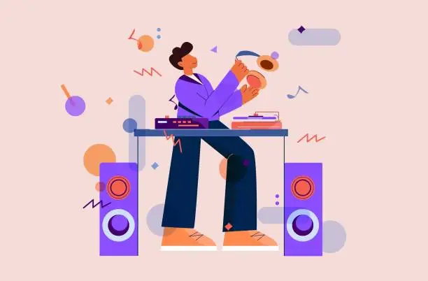 Vector illustration of DJ make music illustration. Character with headphones and equipment tunes creates music tracks.
