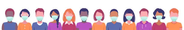 Vector illustration of Faces of various people wearing surgical masks