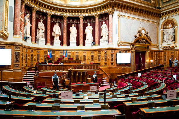 Hemicycle of french Senate in Paris The Hemicycle of french Senate is located in Jardin du Luxembourg, in Paris. The Senate is a part of the French Parliament made up of 348 Senators. It’s a place opening during heritage days – Journées du Patrimoine – which is a event one week-end a year, in September.  Paris in France, September 20, 2020. luxembourg paris stock pictures, royalty-free photos & images